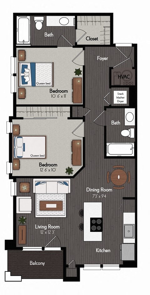 Floor plan for 2 beds, 2 baths, 971 sqft